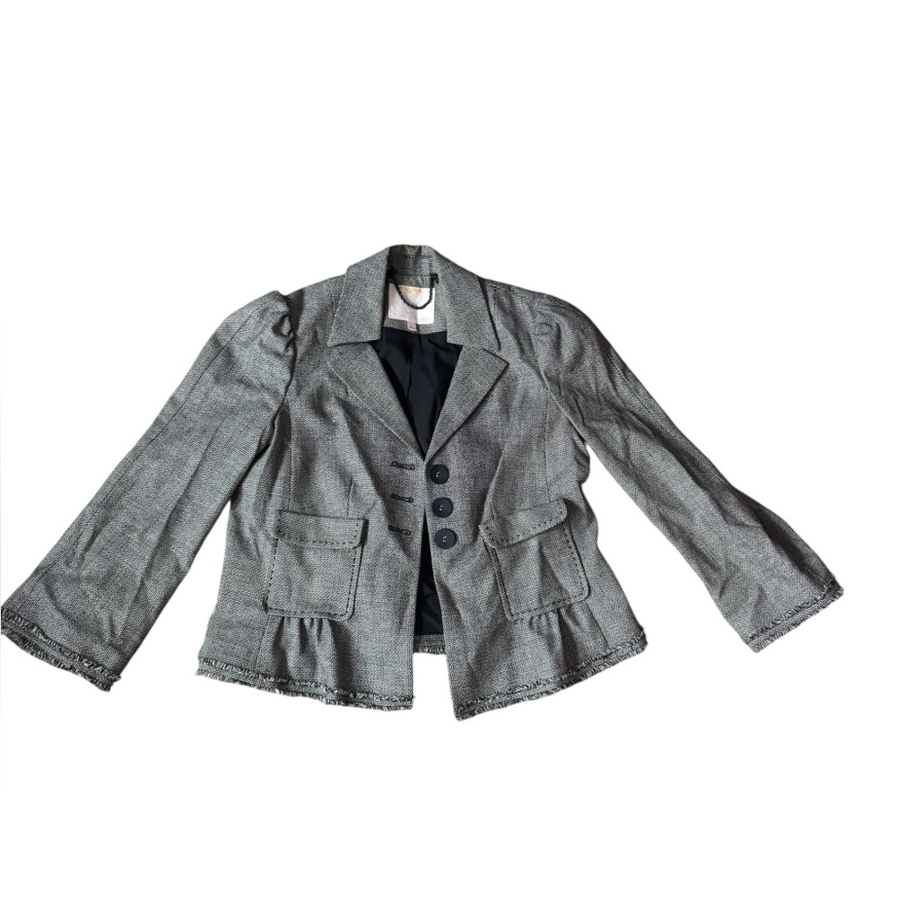 Rebecca Taylor Wool Blend Fringe Hem Blazer Size 6 Black White Tweed Jacket